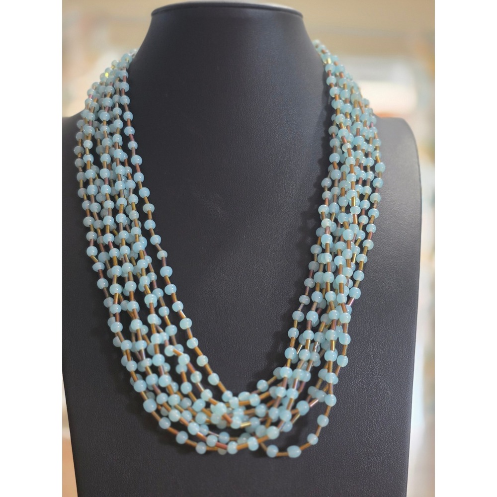 Multi Strand Seed Bead Statement Necklace Light Blue Copper Iridescent Boho
